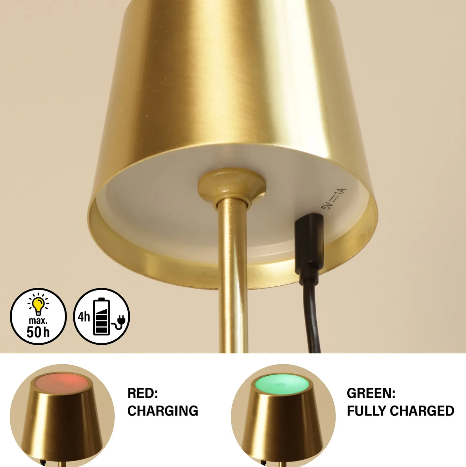 LED-akku-pöytälamppu Roxi, messinkivärinen, metalli, IP54 himmennin