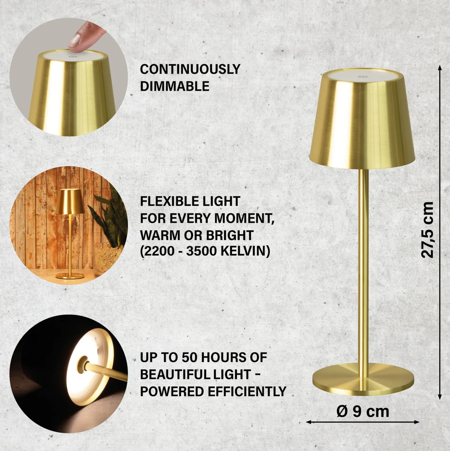 LED-akku-pöytälamppu Roxi, messinkivärinen, metalli, IP54 himmennin