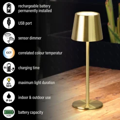 LED-akku-pöytälamppu Roxi, messinkivärinen, metalli, IP54 himmennin