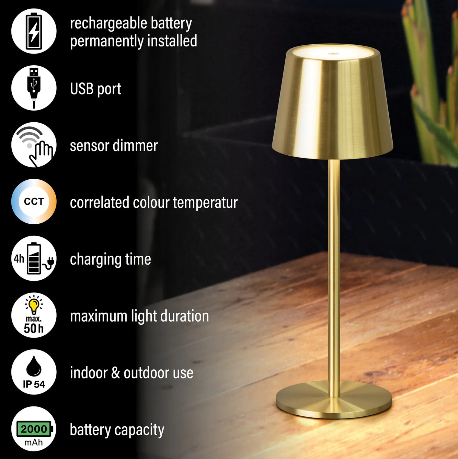 LED-akku-pöytälamppu Roxi, messinkivärinen, metalli, IP54 himmennin
