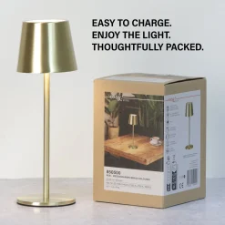 LED-akku-pöytälamppu Roxi, messinkivärinen, metalli, IP54 himmennin