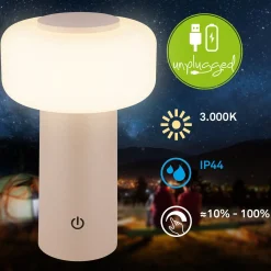 LED-akku-pöytävalaisin Juna, beige, IP44, himmennettävä, 20 cm