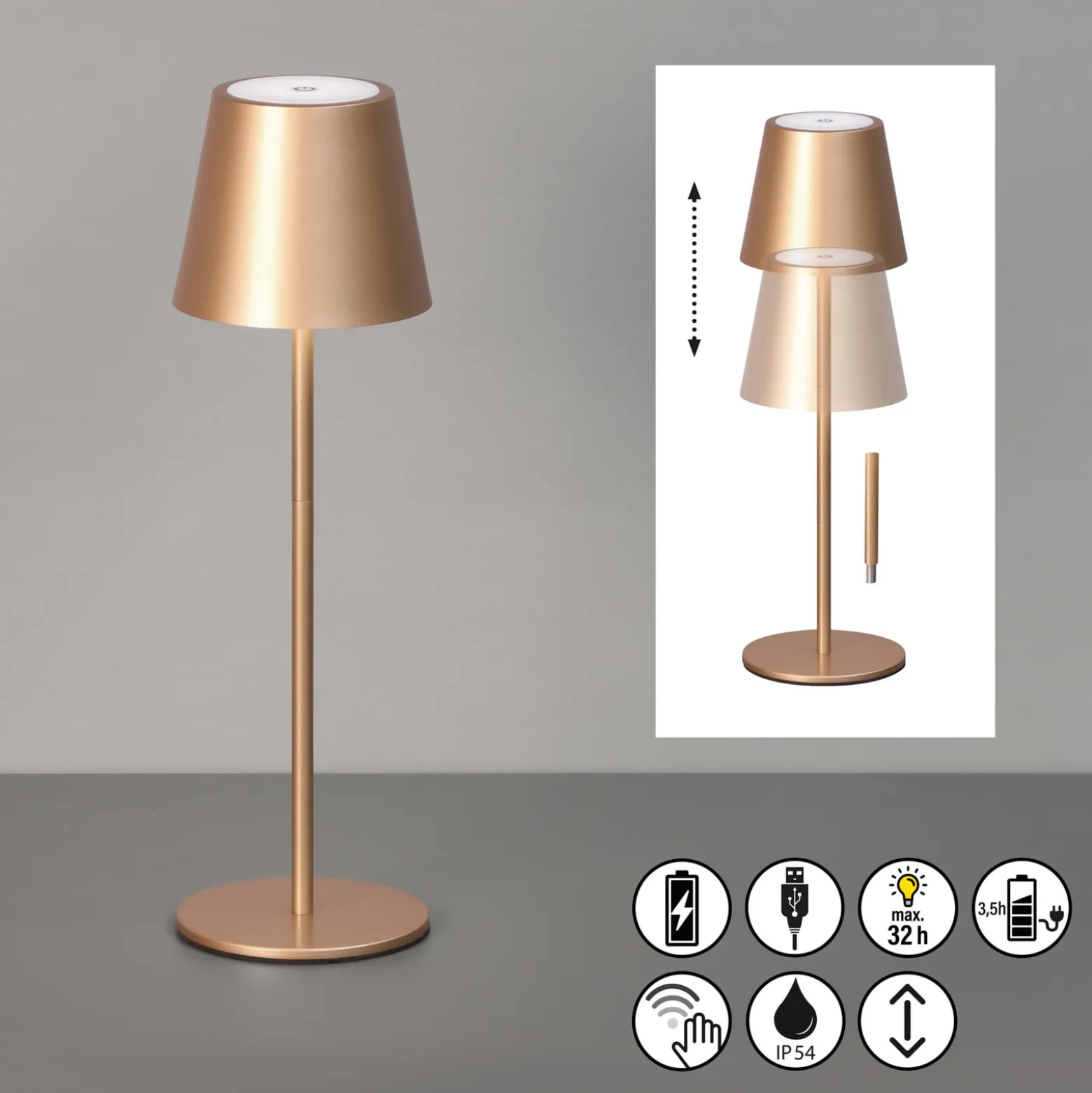 LED-akku-pöytävalaisin Viletto, kahvinruskea, IP54