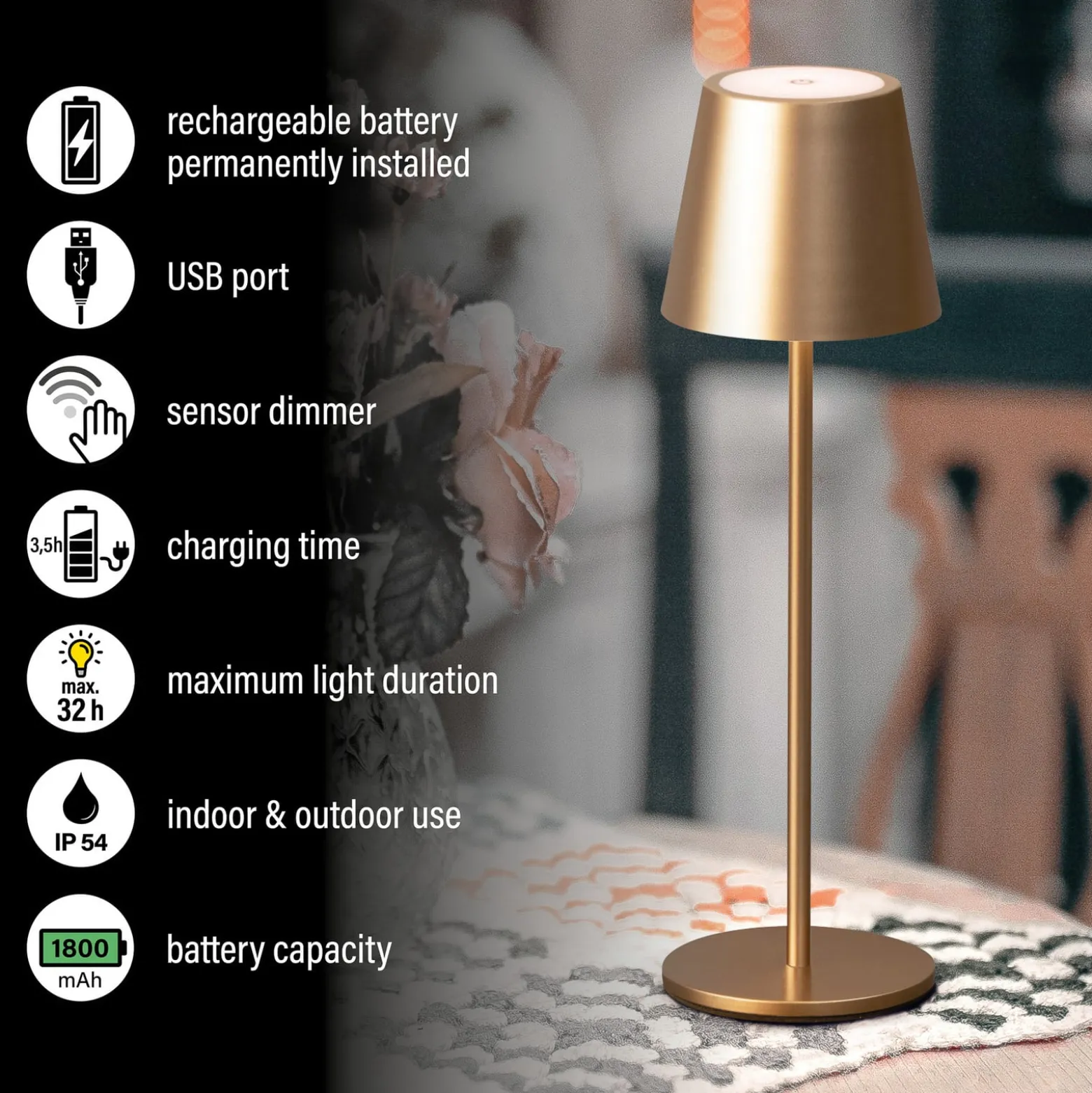 LED-akku-pöytävalaisin Viletto, kahvinruskea, IP54