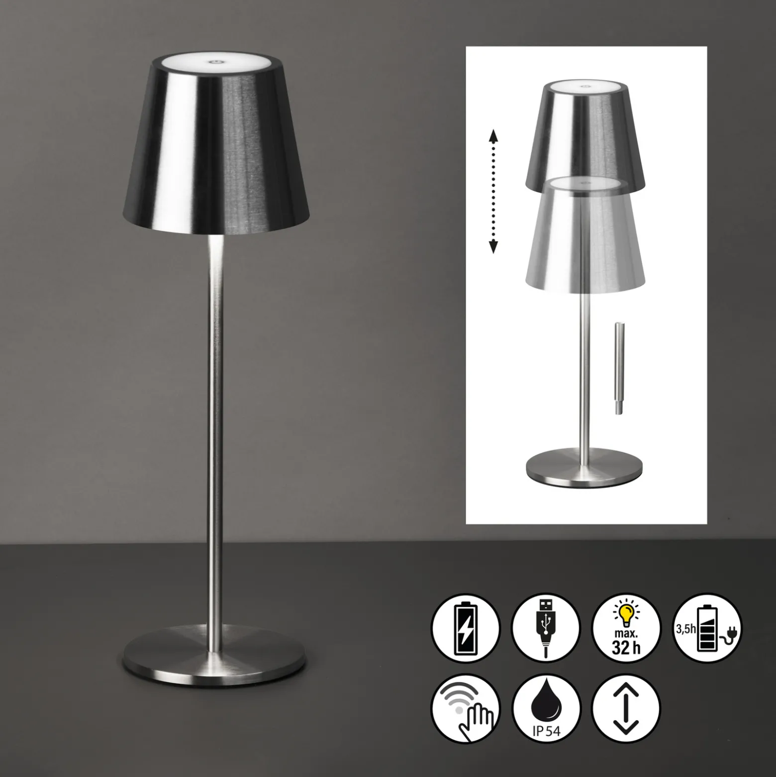 LED-akku-pöytävalaisin Viletto, nikkelivärinen, IP54