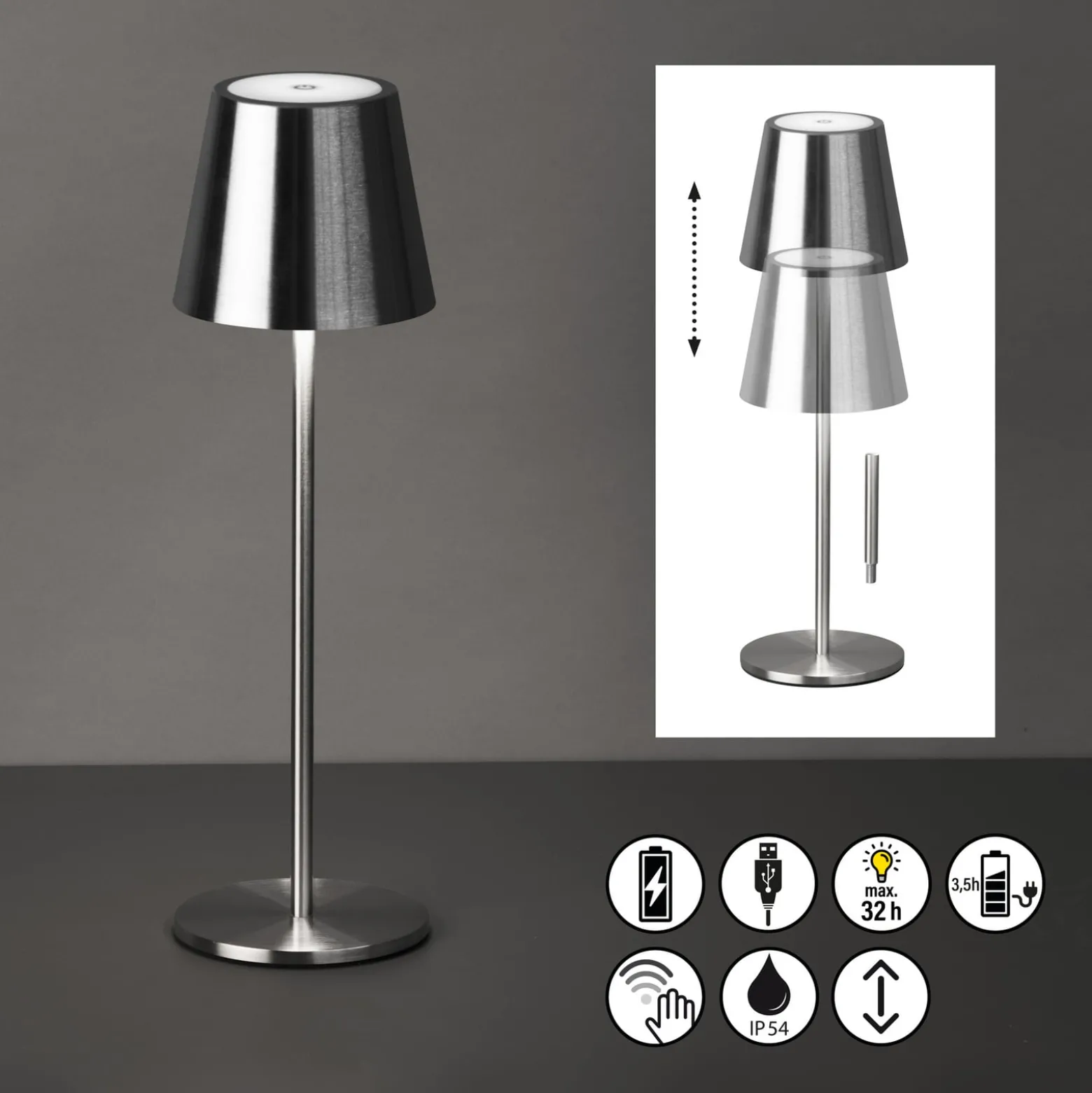 LED-akku-pöytävalaisin Viletto, nikkelivärinen, IP54