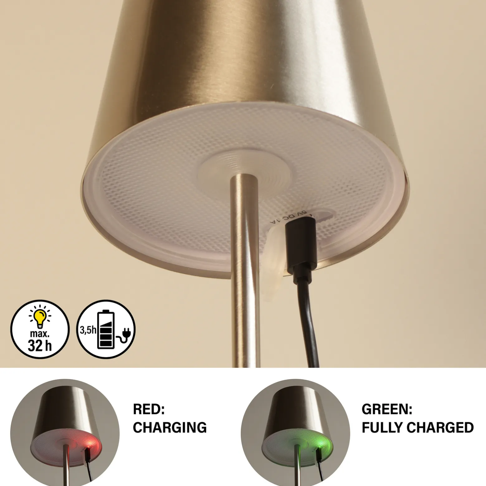 LED-akku-pöytävalaisin Viletto, nikkelivärinen, IP54