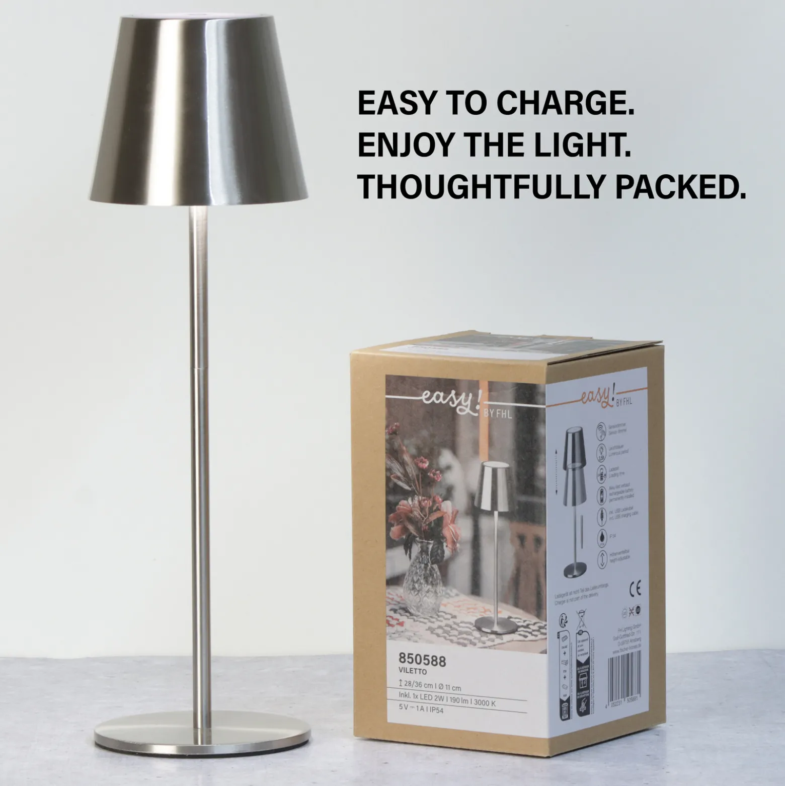 LED-akku-pöytävalaisin Viletto, nikkelivärinen, IP54
