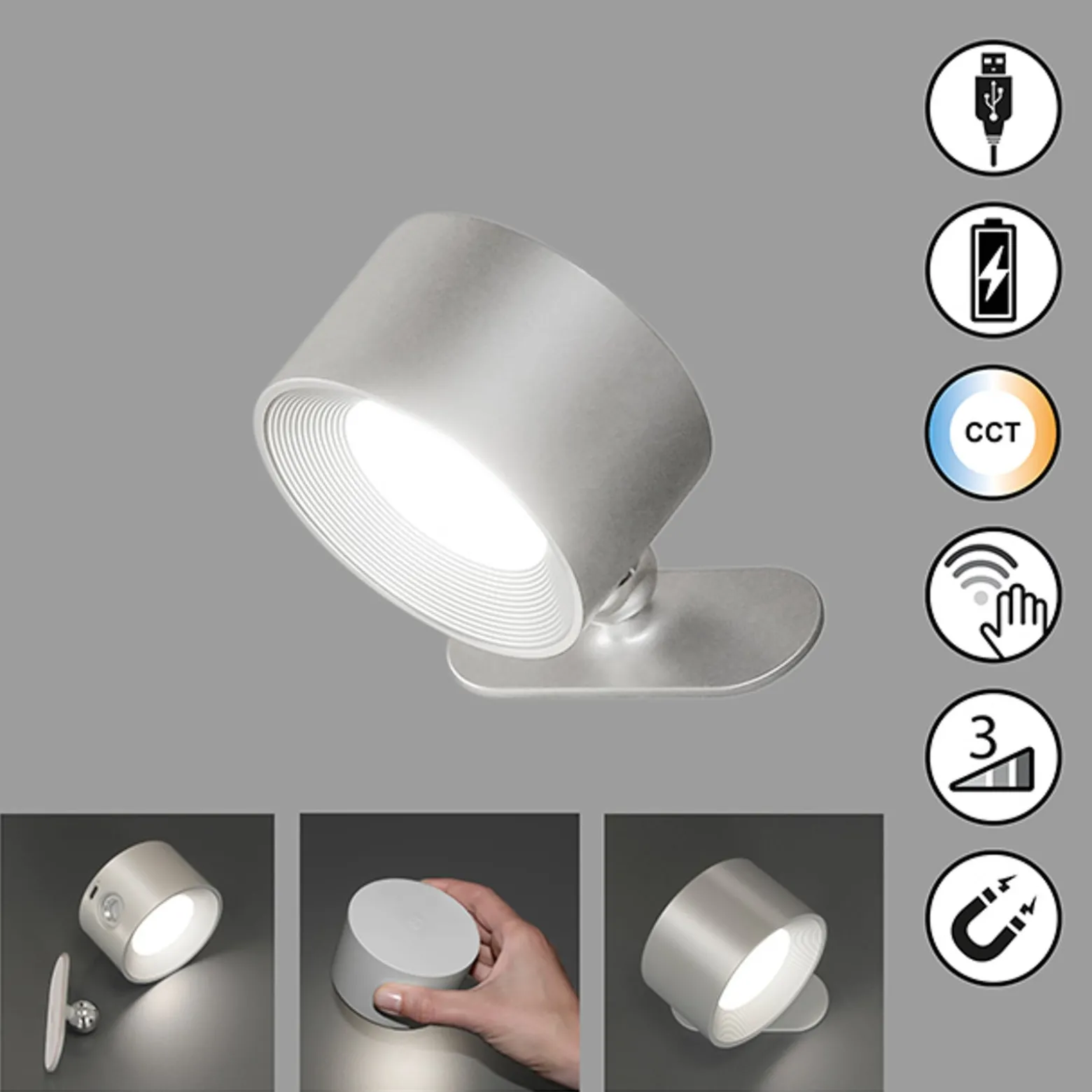 LED-akku-seinävalaisin Magnetics, hopea, CCT, magneetilla