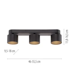 LED-kattospotti PURE Cup, musta, pituus 56 cm, metallia, 3-lamppuinen