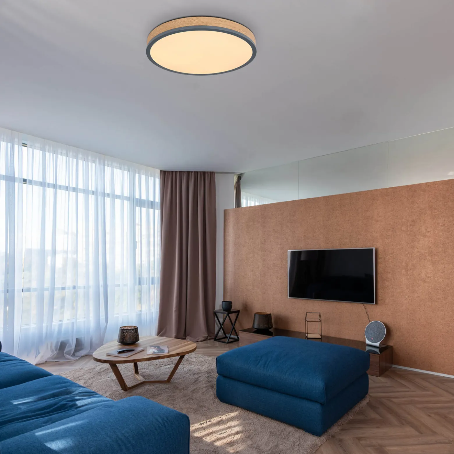LED-kattovalaisin Doro, Ø 45 cm, tumma grafiitti/puu, puu, CCT