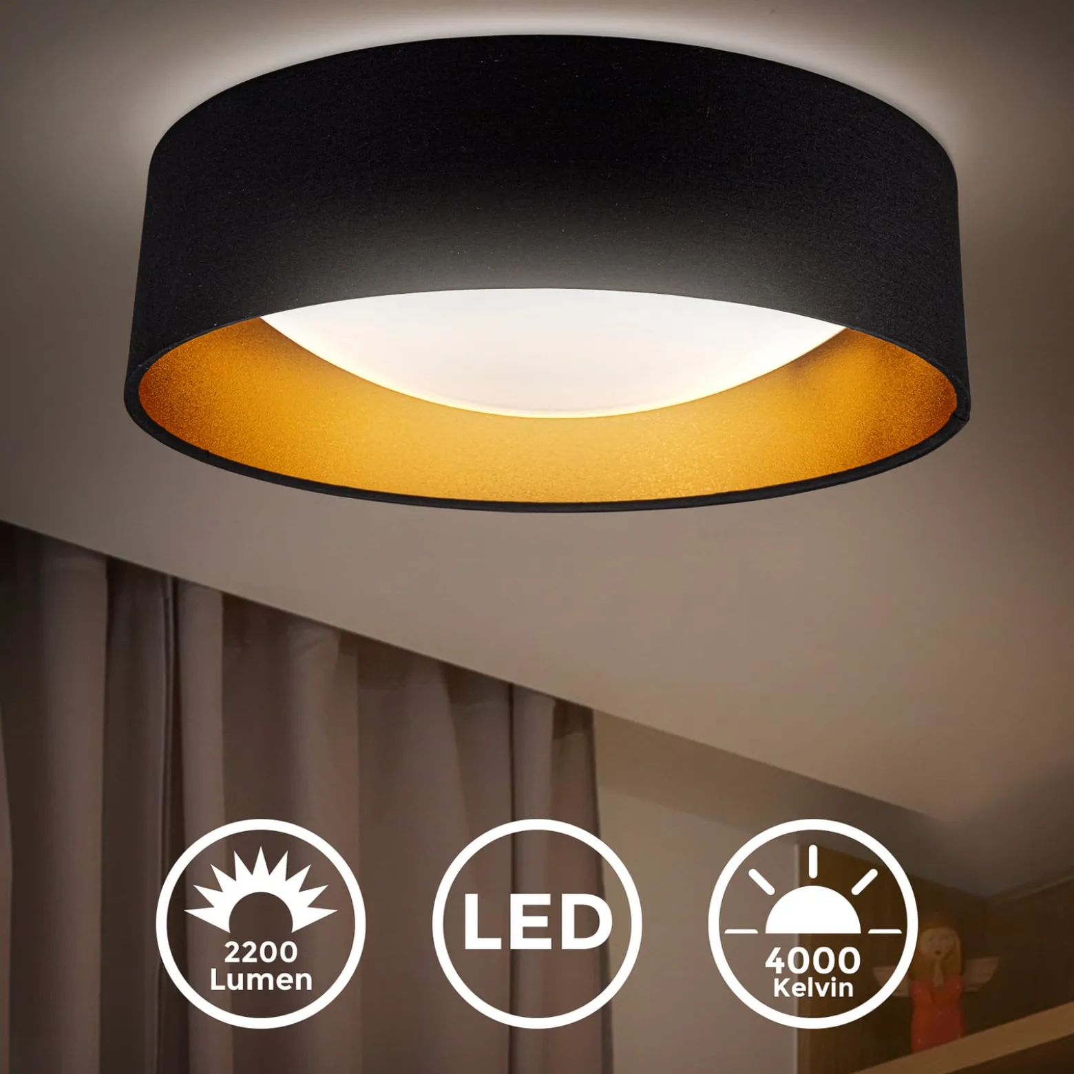 LED-kattovalaisin Kari, musta/kultainen, tekstiili, 4 000 K
