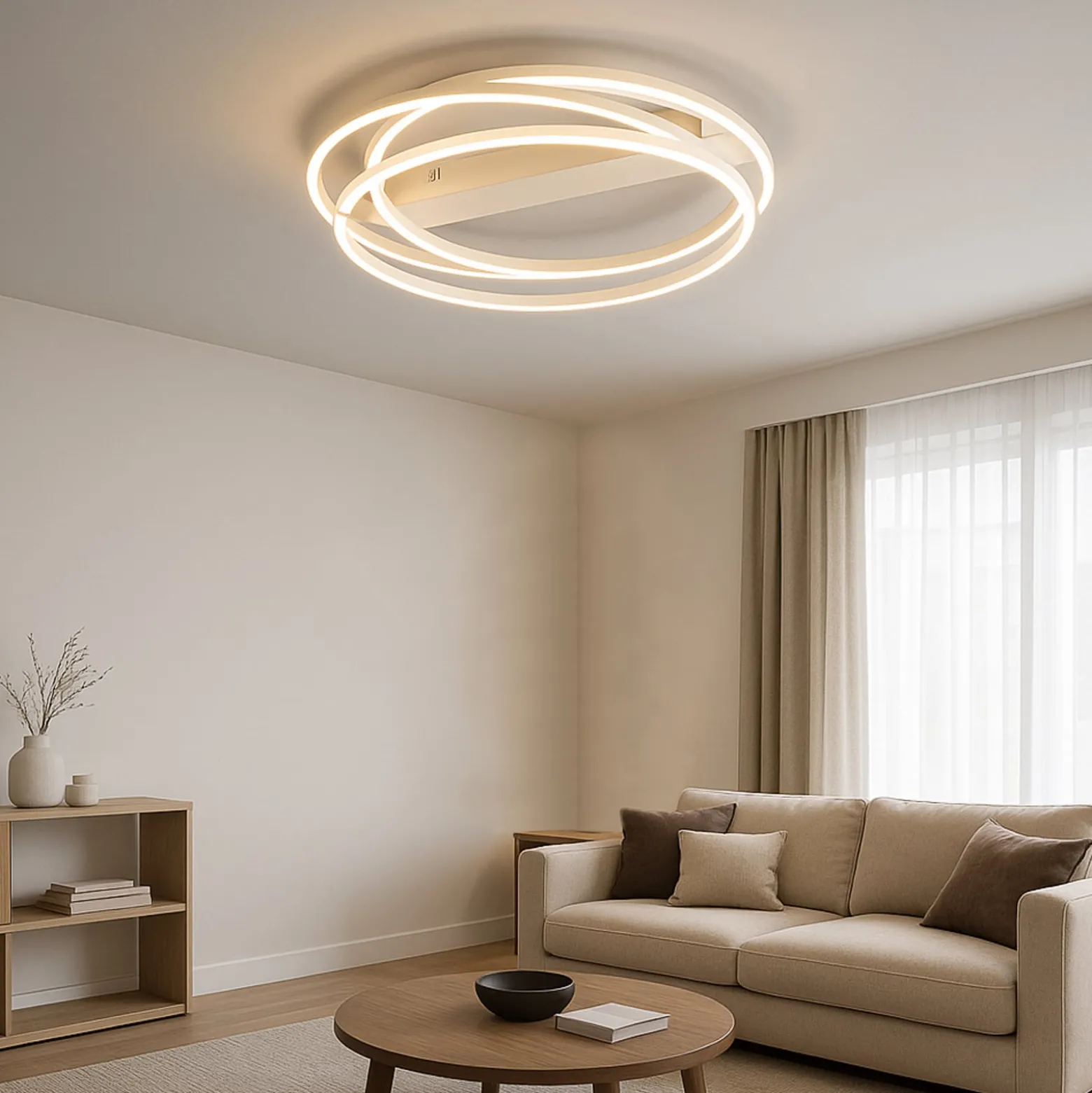 LED-kattovalaisin Kiku, Ø 56 cm, hiekanvärinen, metalli, CCT
