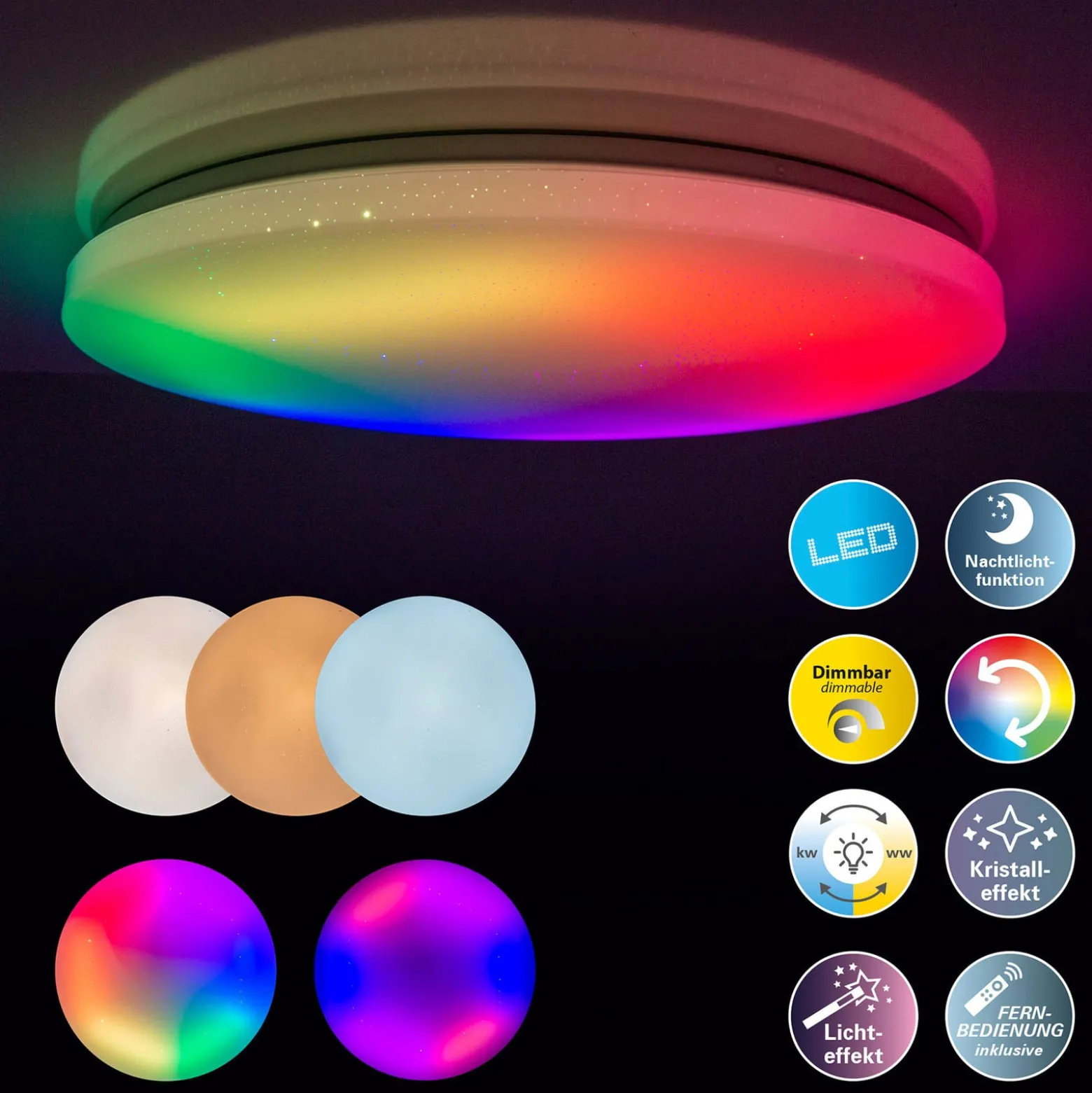 LED-kattovalaisin Rainbow, himmennys, RGBW, yövalo