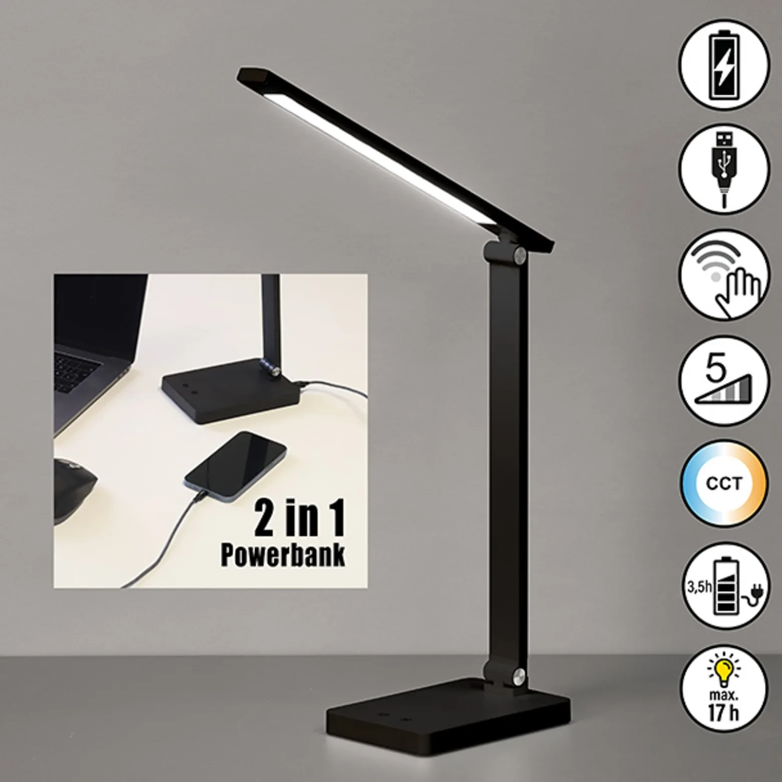 LED ladattava toimistopöytävalaisin Ole, musta, sensori, himmennettävä, CCT