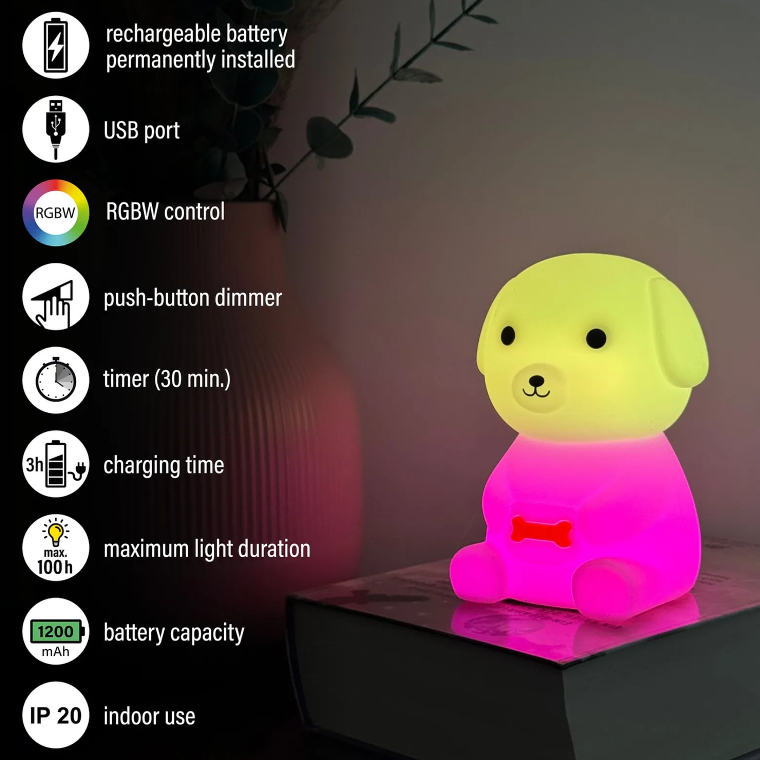 LED ladattava yöpöytälamppu Puppy, koira, valkoinen, RGB, himmennettävä