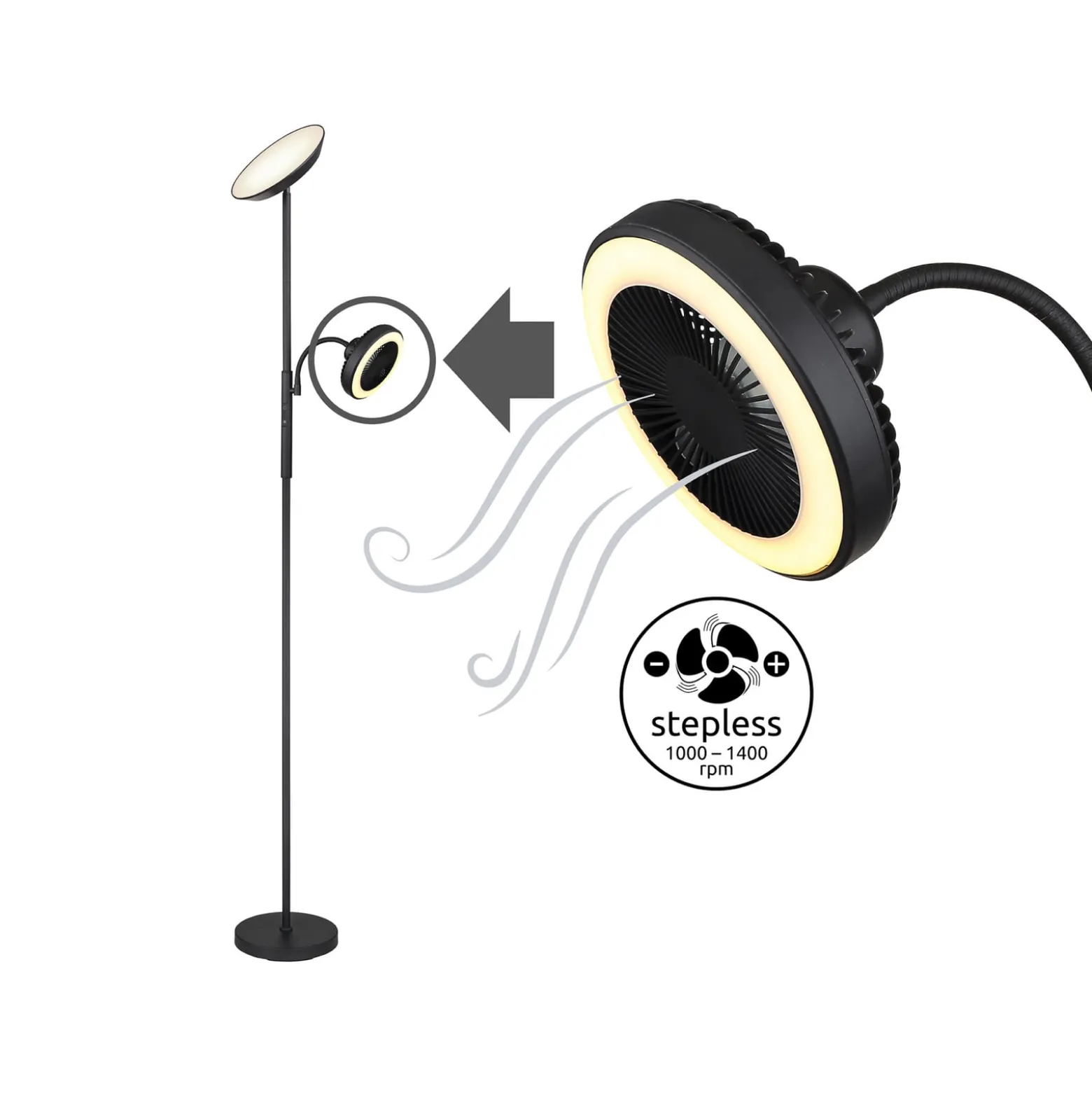 LED-lattiavalo Davyd, musta, 178 cm, lukuvalo, tuuletin