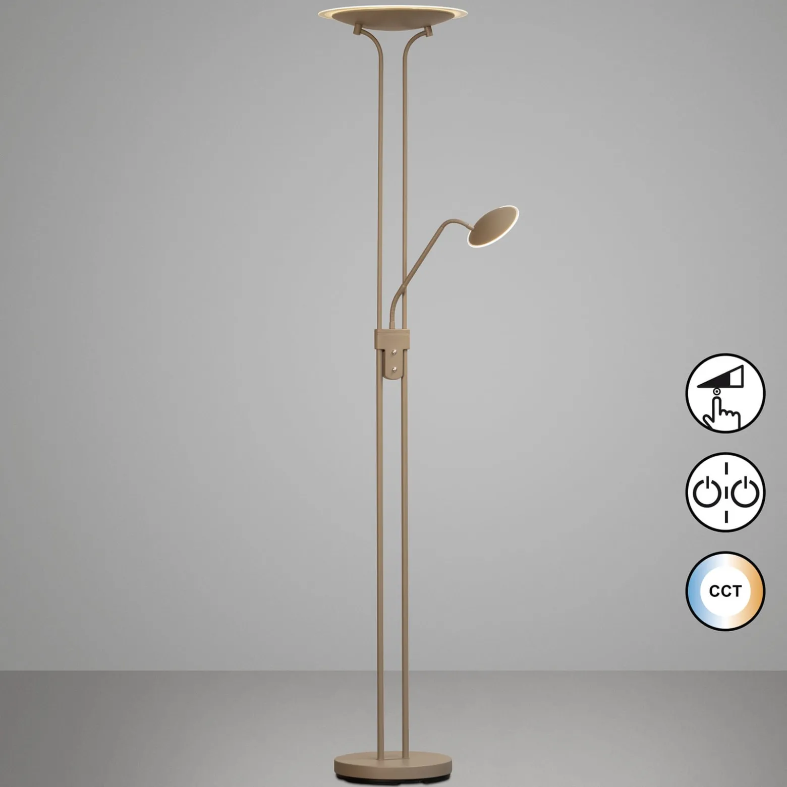 LED-lattiavalo Tallri, greige, korkeus 180 cm, 2-lamppuinen, CCT Touchdim