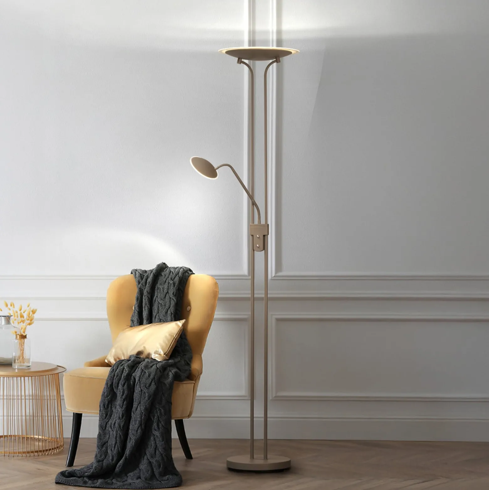 LED-lattiavalo Tallri, greige, korkeus 180 cm, 2-lamppuinen, CCT Touchdim