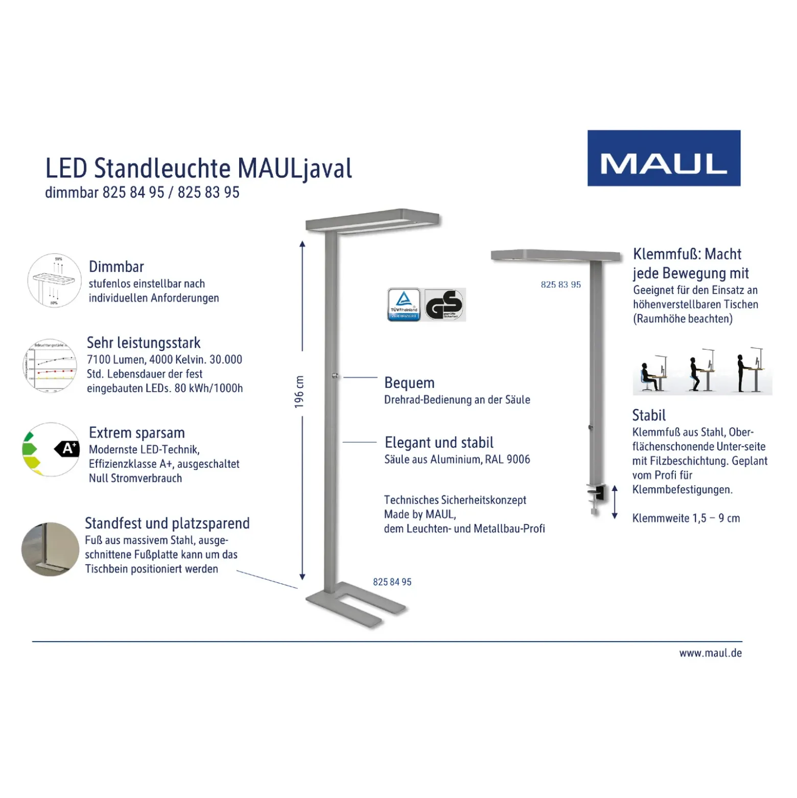 LED-pöytävalaisin MAULjaval, musta, 120 cm, himmennettävä, kiinnitettävä jalusta