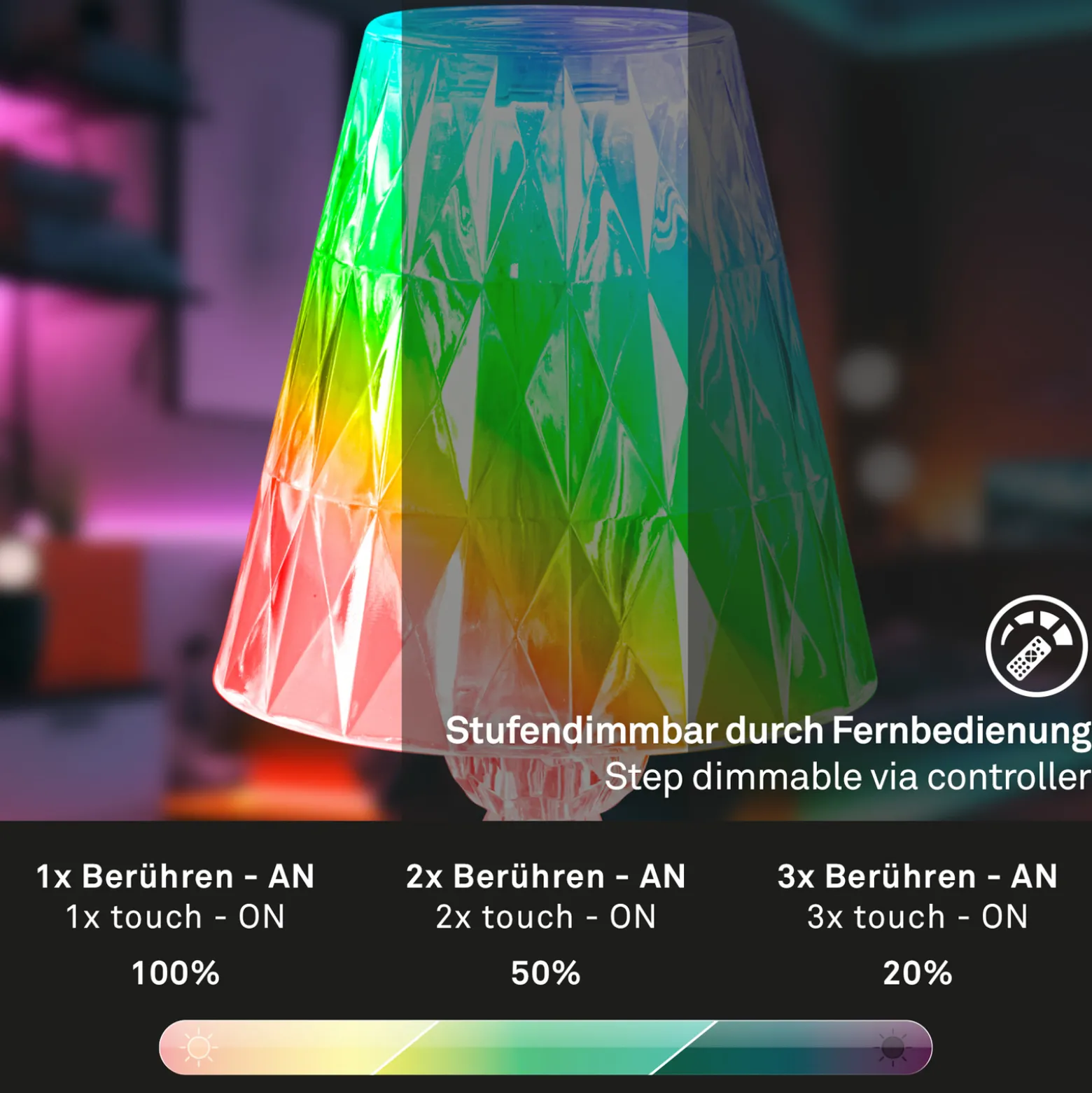 LED-pöytävalaisin 7464010 RGB kaukosäätimellä varustettuna