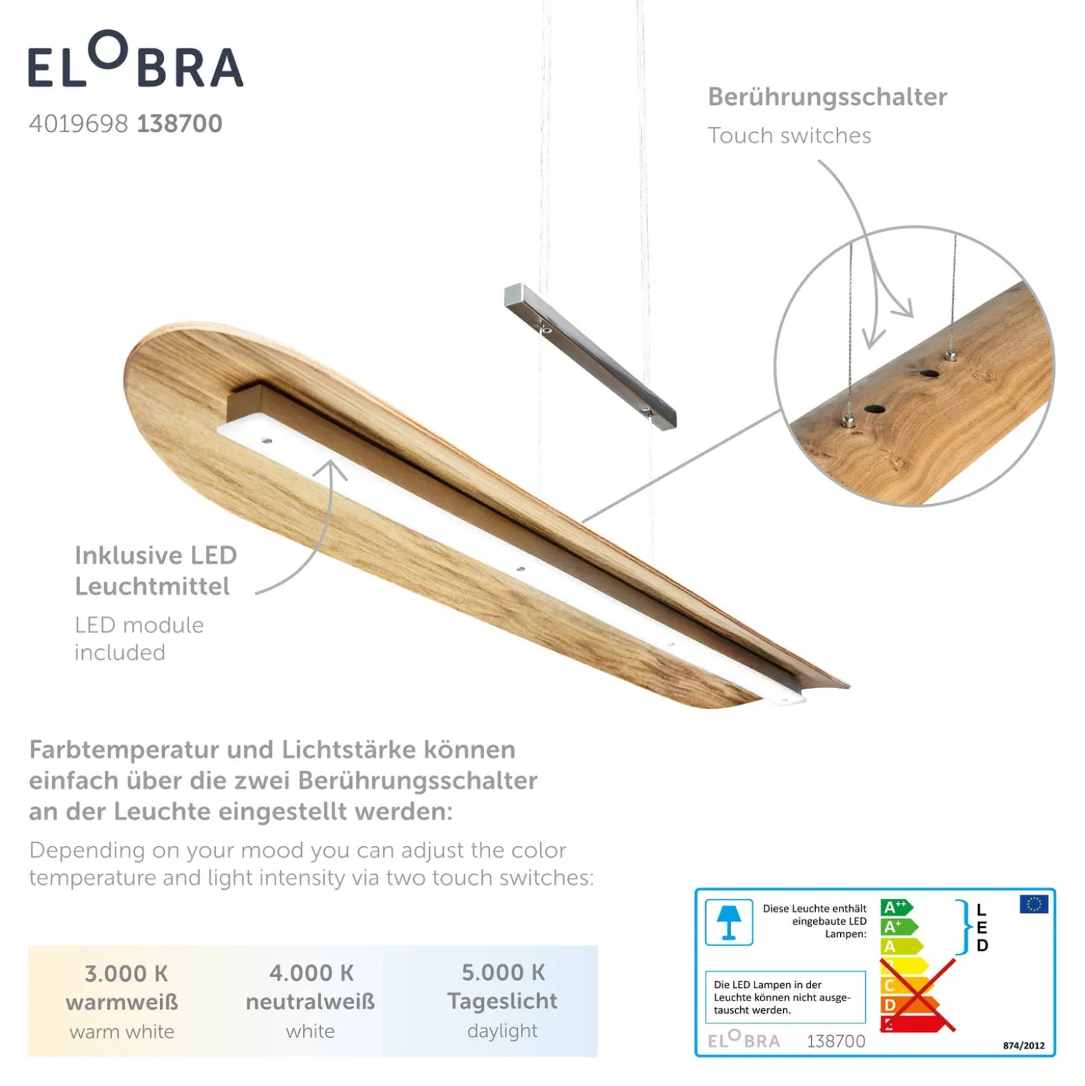 LED-riippuvalaisin Colombia XL, tammi natur