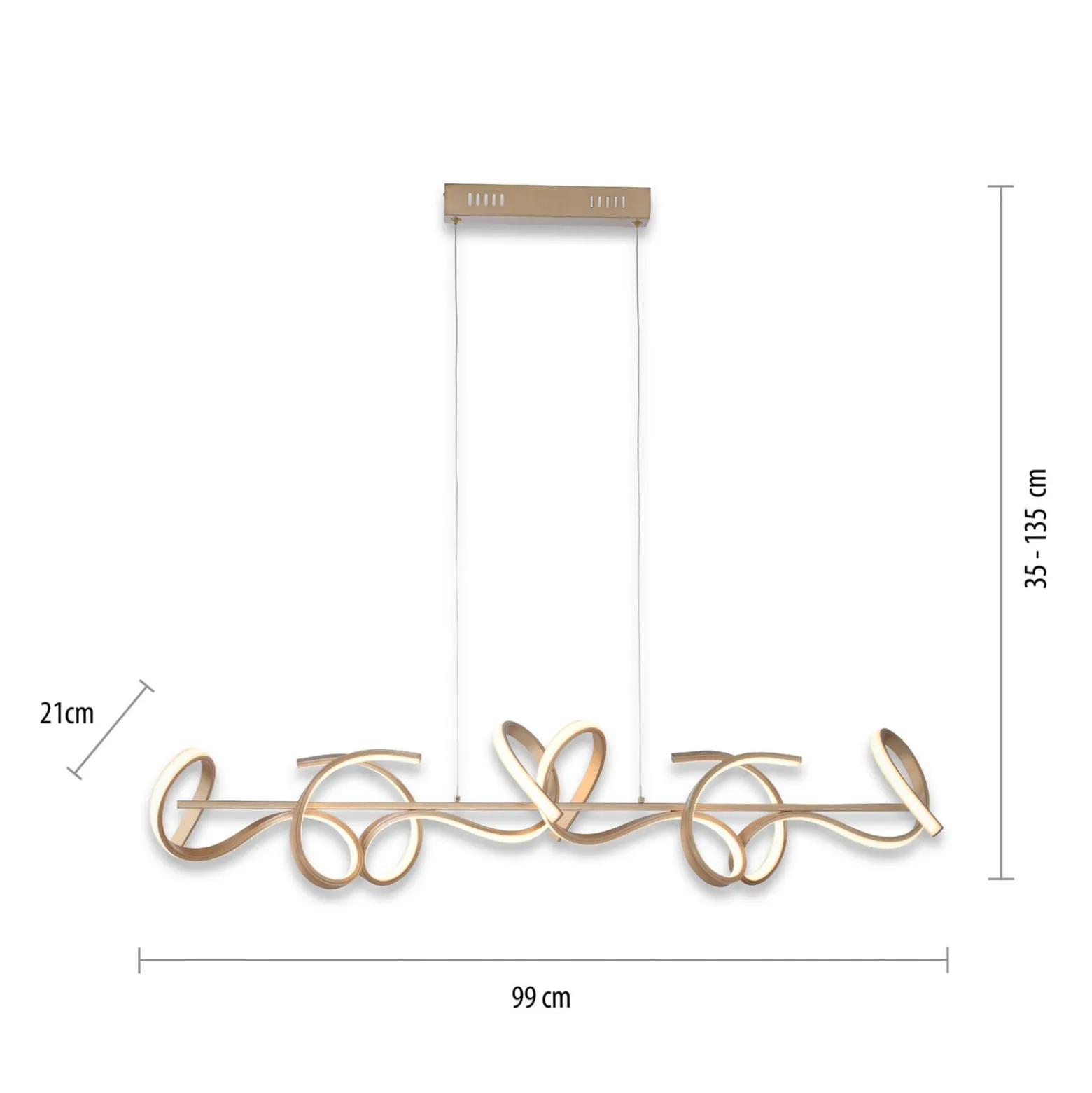 LED-riippuvalaisin Curls, messinkiä, metallia, 99 cm pitkä, himmennettävä