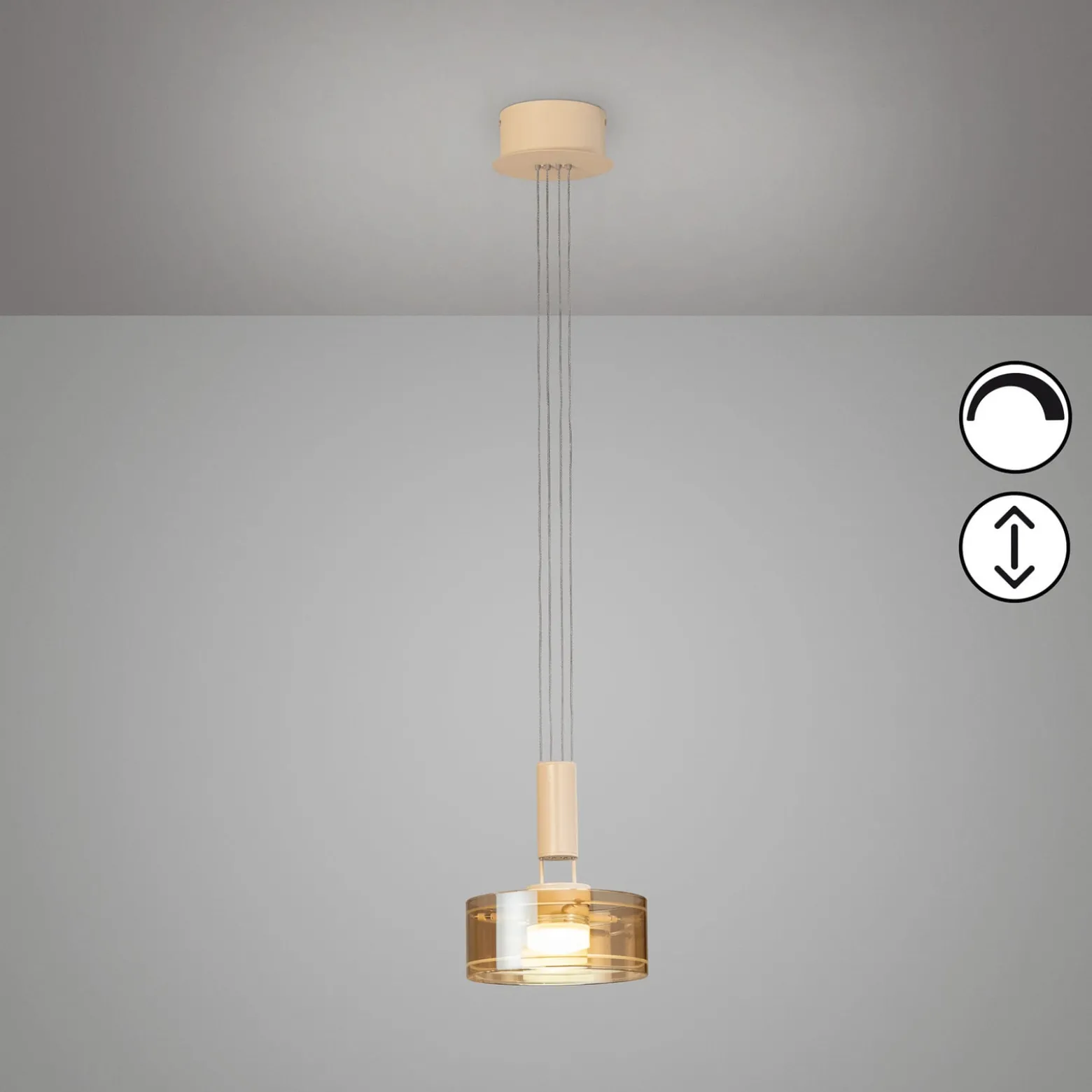 LED-riippuvalaisin LAVIN, hiekka/keltainen, Ø 19 cm, metalli/lasi himmennettävä