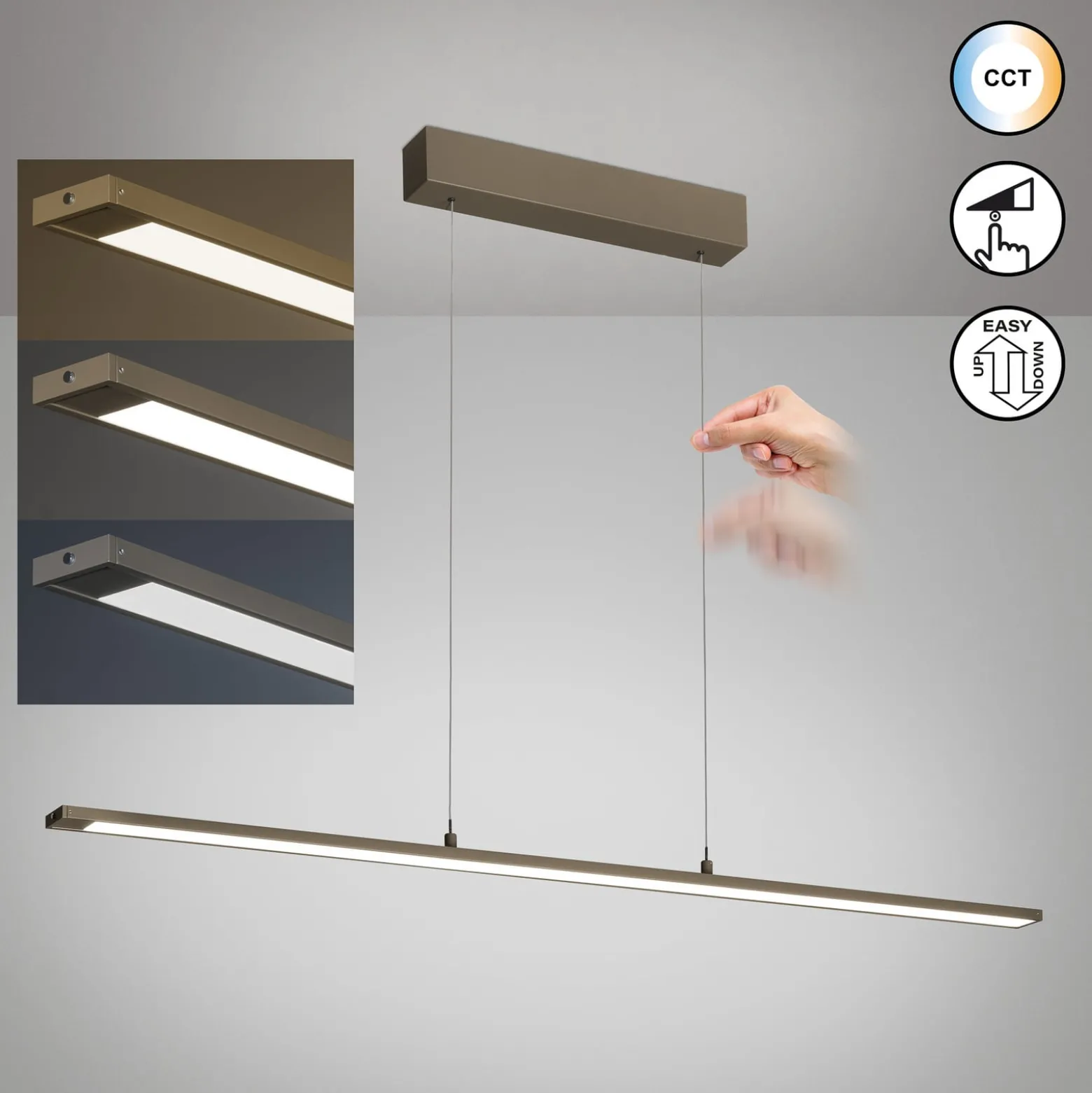 LED-riippuvalaisin Marlo, greige, pituus 120 cm, CCT, kosketusdimmeri