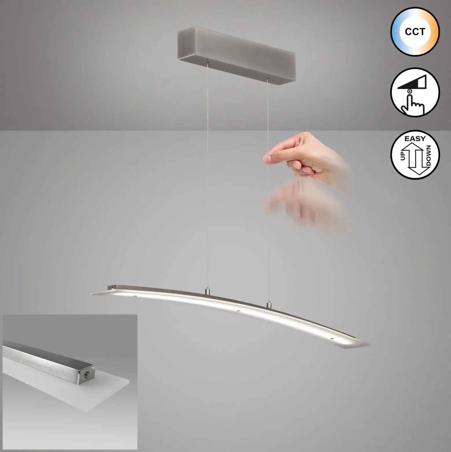 LED-riippuvalaisin Mavero, nikkeli, pituus 90 cm, CCT, kosketusdimmeri