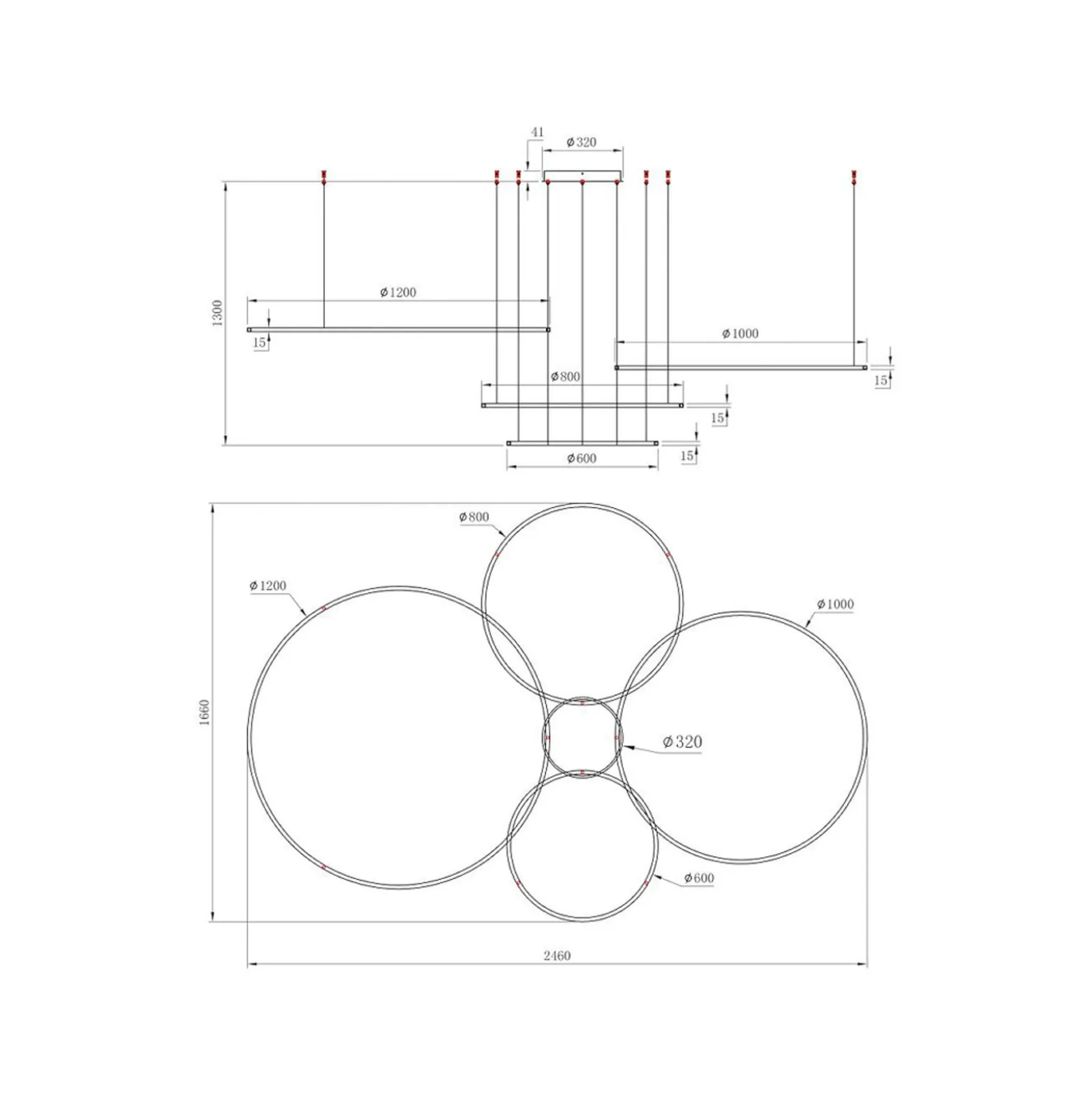 LED-riippuvalaisin Saturno, 4-lamppuinen, musta, metalli, 4000 K