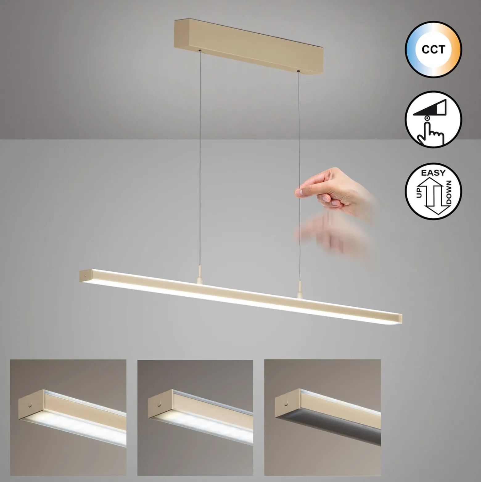 LED-riippuvalaisin Valeno, hiekka, pituus 115 cm, CCT, kosketusdimmeri