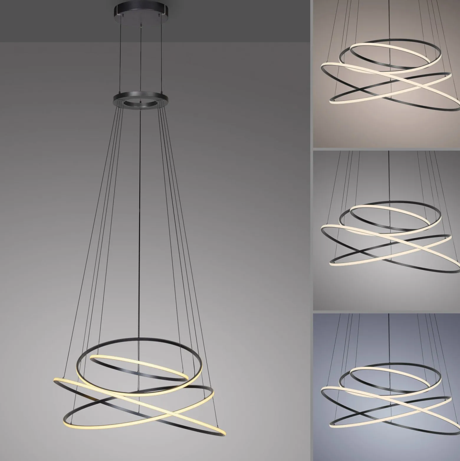 LED-riippuvalo PURE E-Flying Rings, mystic grey, Ø110cm, CCT