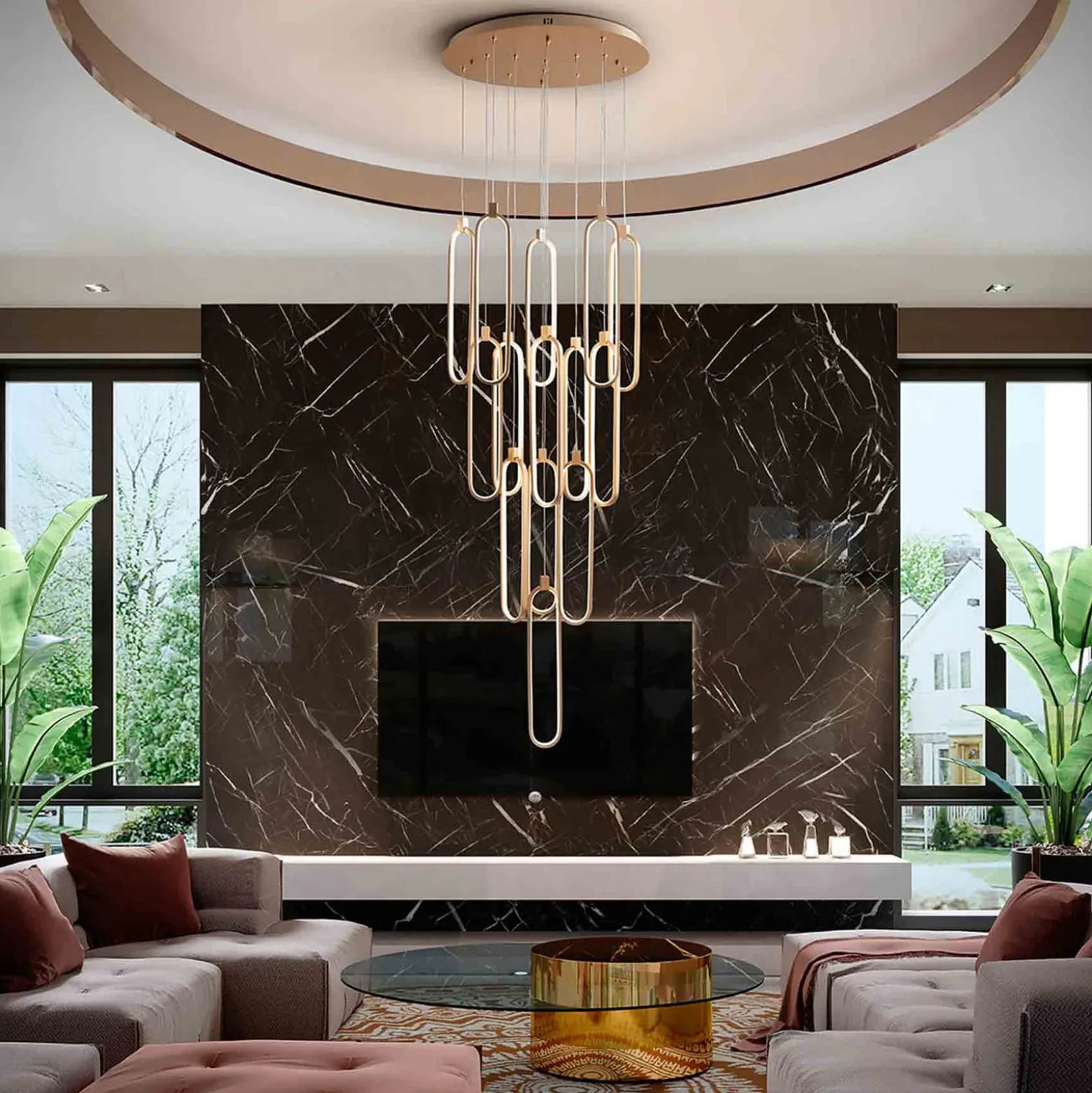 LED-ripustusvalaisin Colette rose gold 14-valo Ø 60cm kaukosäädin kaukosäädin