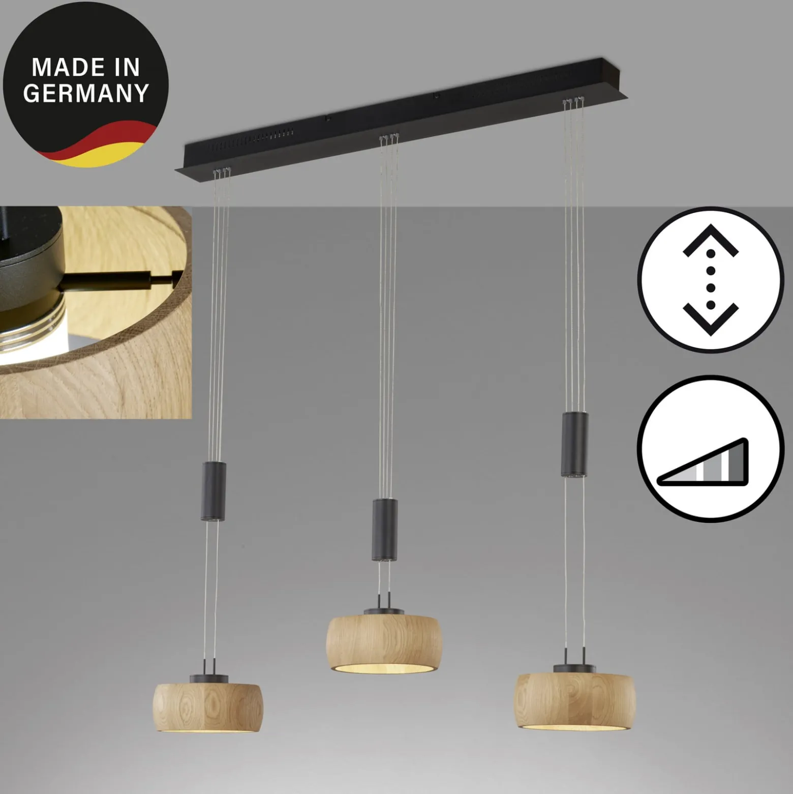 LED-ripustusvalaisin Shine-Wood, tammi/musta Pituus 100 cm 3-valo.