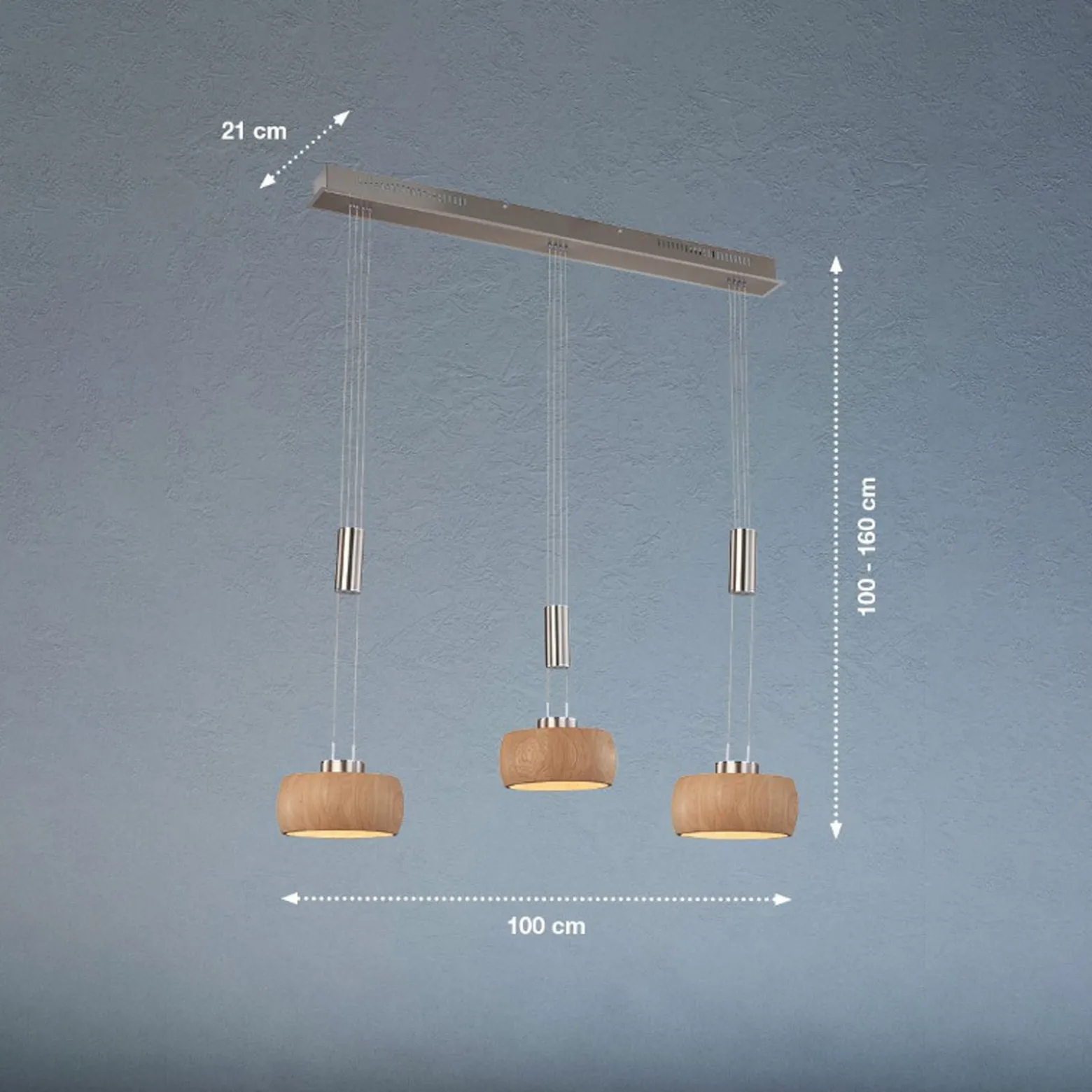 LED-ripustusvalaisin Shine-Wood, tammi/nikkeli, pituus 100 cm 3-valo.