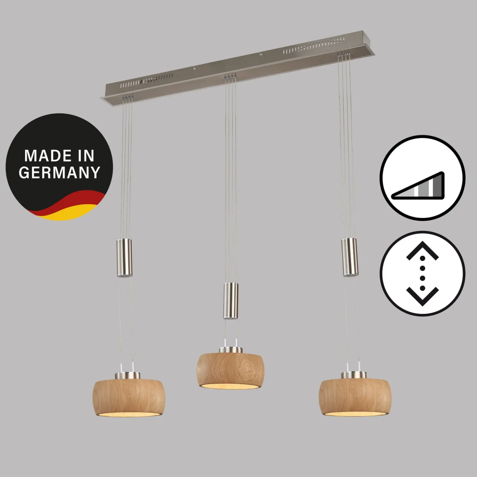 LED-ripustusvalaisin Shine-Wood, tammi/nikkeli, pituus 100 cm 3-valo.