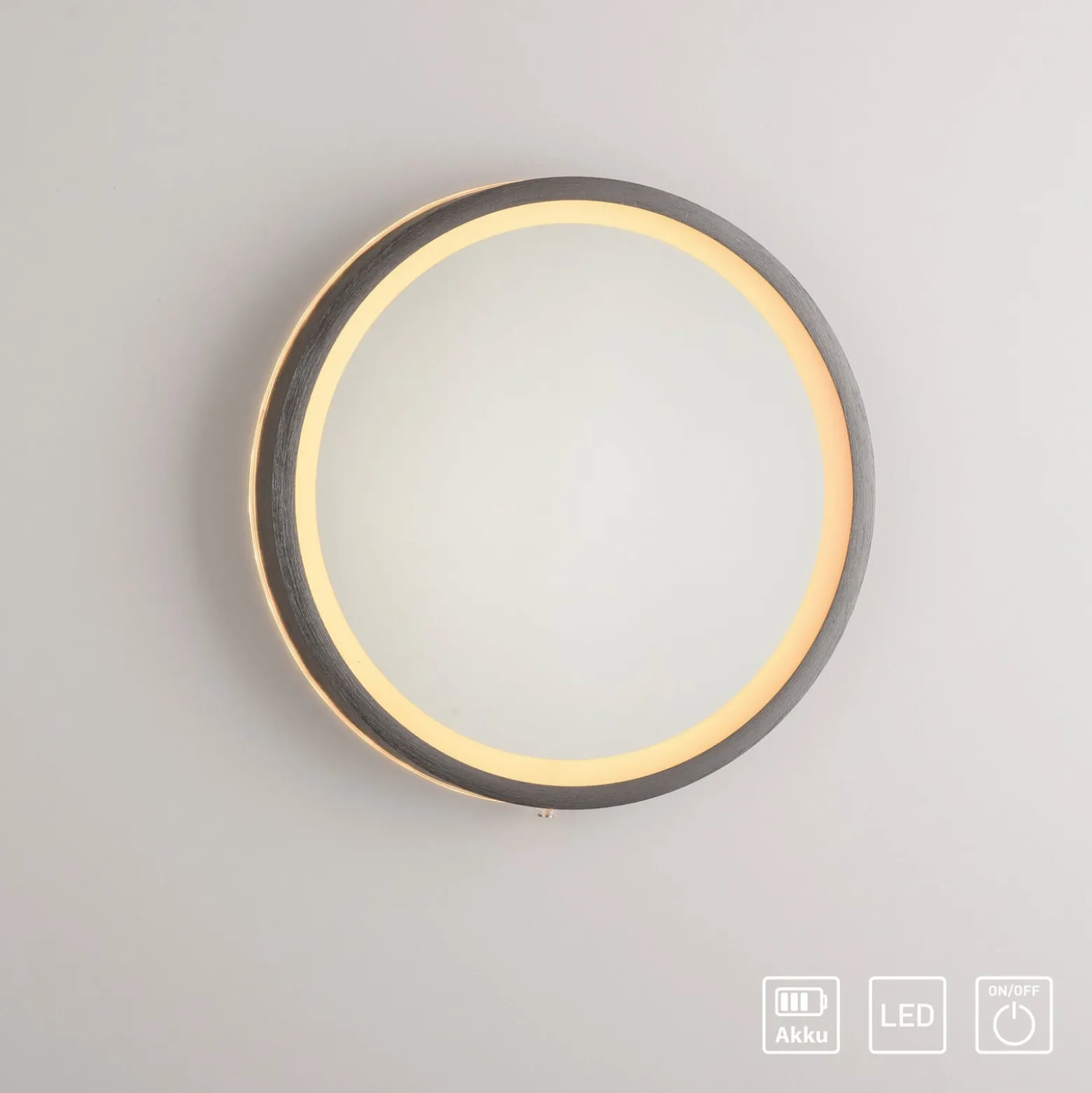 LED-seinäpeili VIDRO, harmaa, Ø 26 cm, powerbank, kytkin