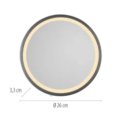 LED-seinäpeili VIDRO, harmaa, Ø 26 cm, powerbank, kytkin