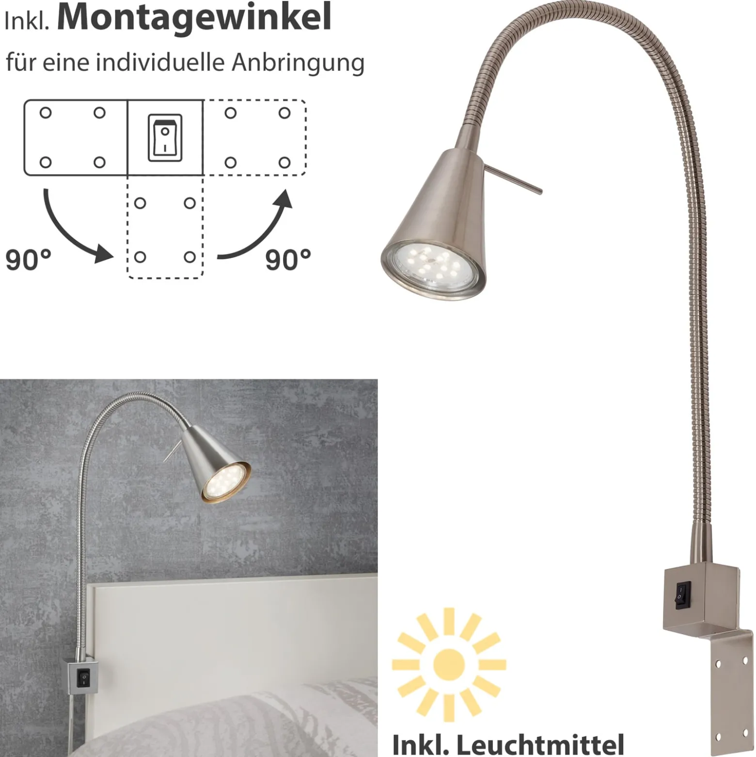LED-seinävalaisin Tuso, nikkelöity, sängyn kiinnitys, metalli