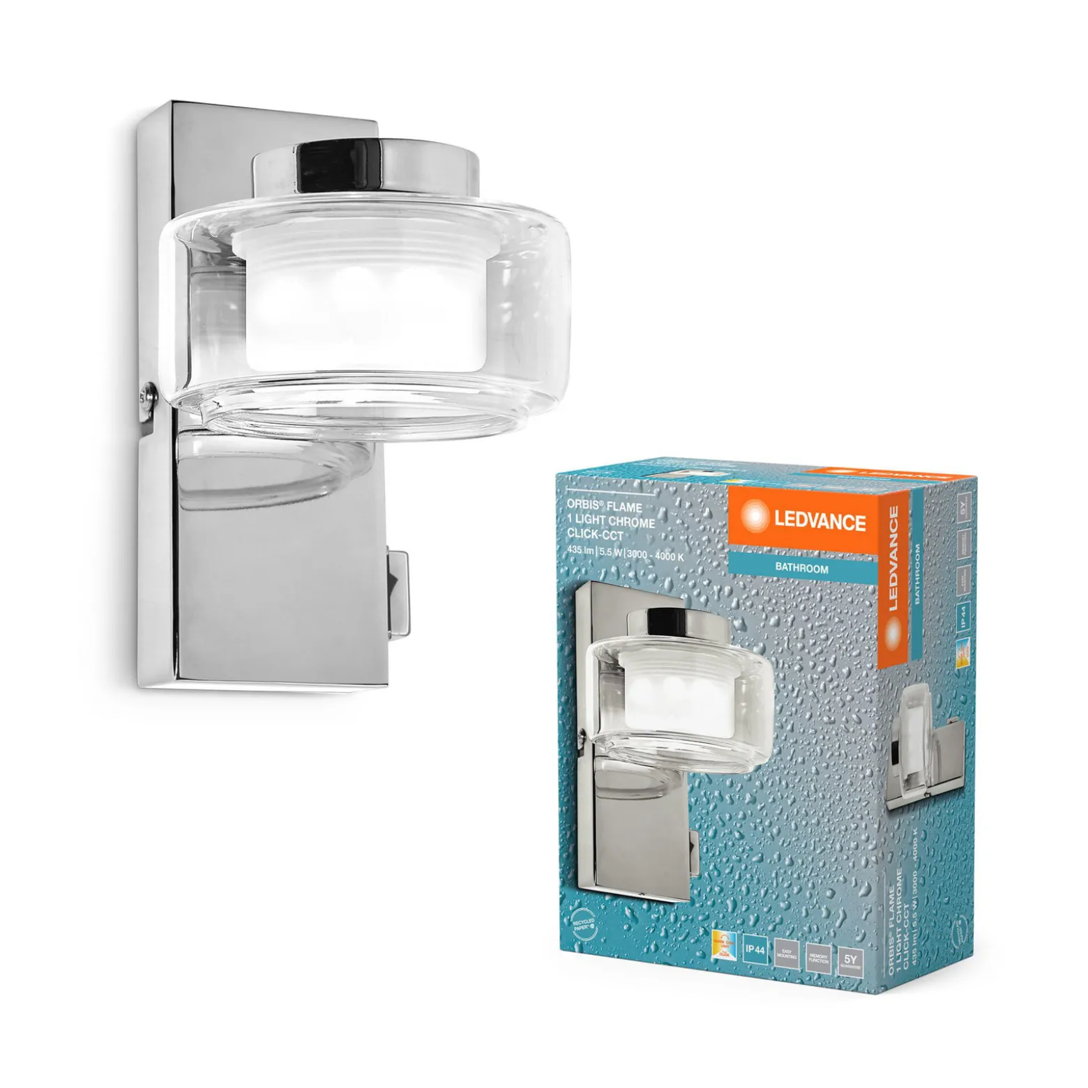 LEDVANCE LED-seinävalaisin Orbis Flame, 1-valo, kromi, IP44