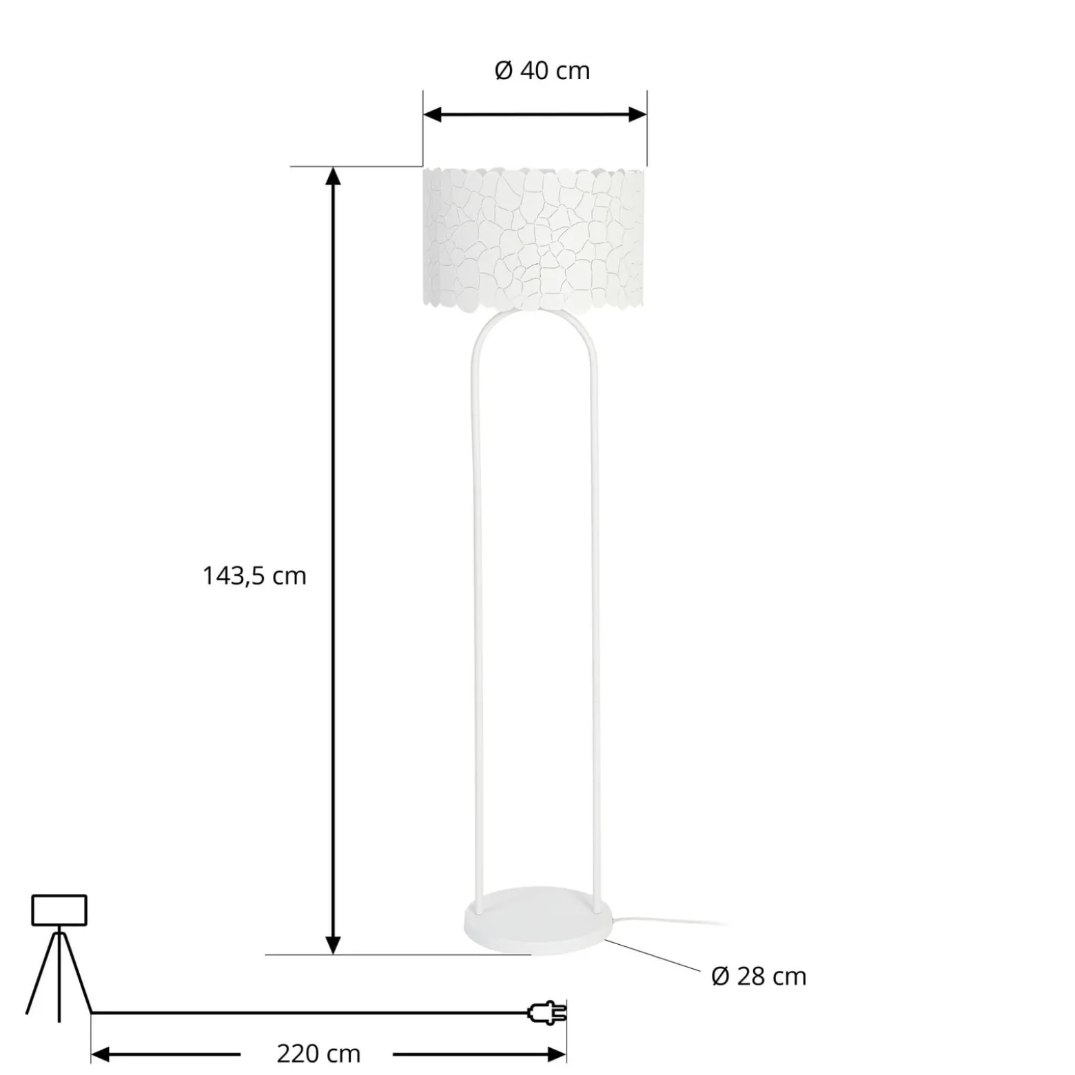 Lindby Aralena lattiavalaisin, valkoinen, metallia, korkeus 143,5 cm