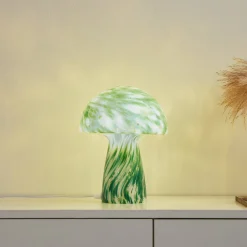 Lindby Hubi pöytävalaisin, vihreä, lasia, Ø 22 cm, sienen muotoinen