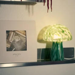 Lindby Hubi pöytävalaisin, vihreä, lasia, Ø 22 cm, sienen muotoinen