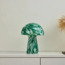 Lindby Hubi pöytävalaisin, vihreä, lasia, Ø 22 cm, sienen muotoinen