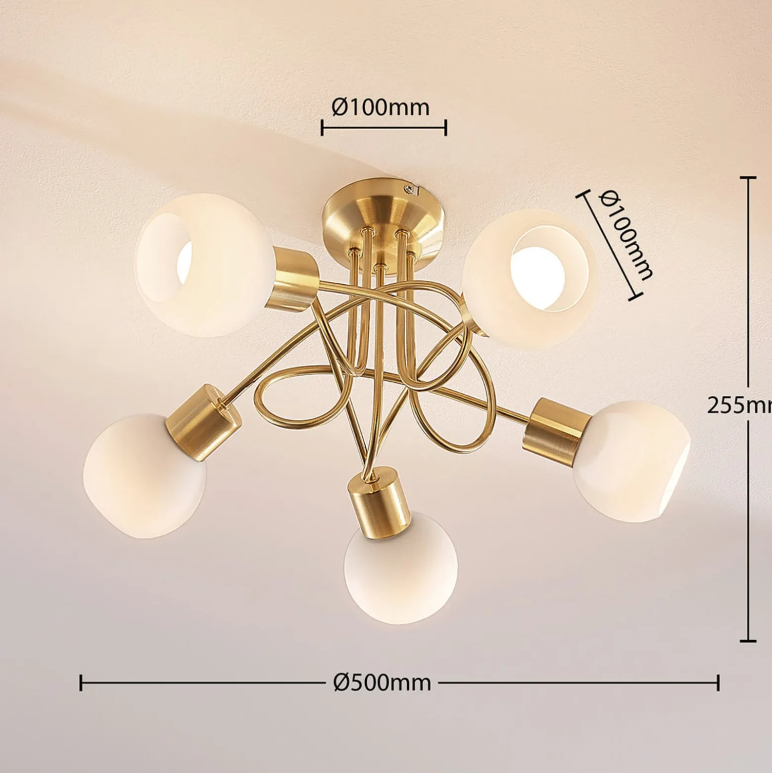 Lindby kattovalaisin Elaina, Ø50cm, 5-valo, messinki, lasi, E14
