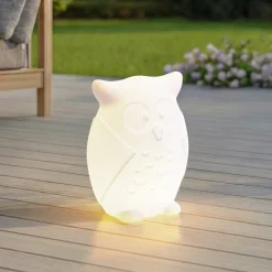 Lindby LED-akkulamppu Errol, pöllö, valkoinen, RGBW, IP54