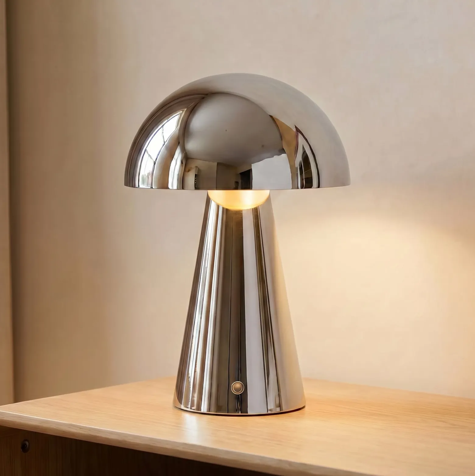 Lindby Nevijo LED-akkukäyttöinen pöytävalaisin, kromi, Ø20 cm, USB, himmennin