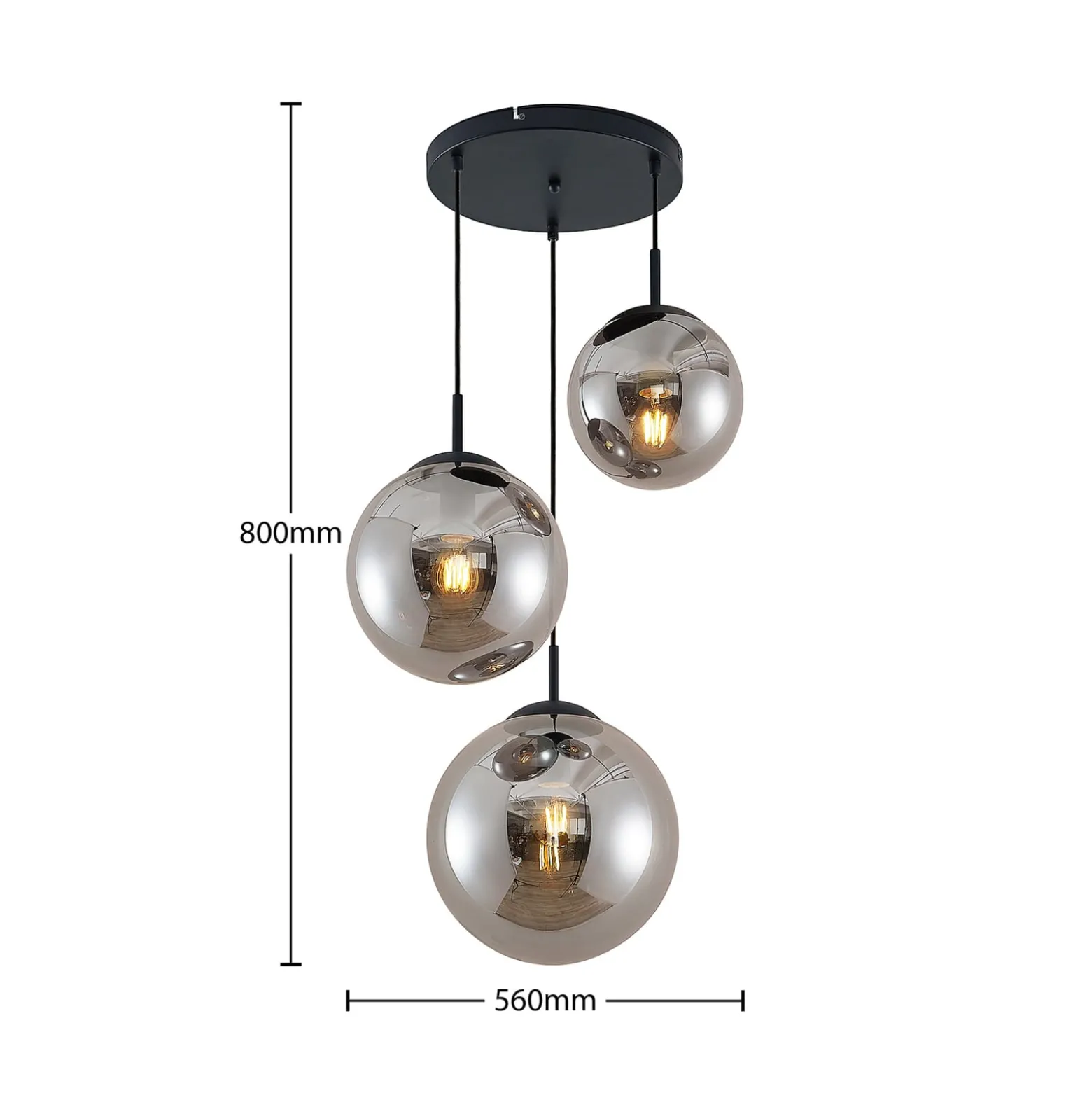Lindby Riippuvalaisin Teeja, savu, 3-valo, Ø52cm, lasi, E27
