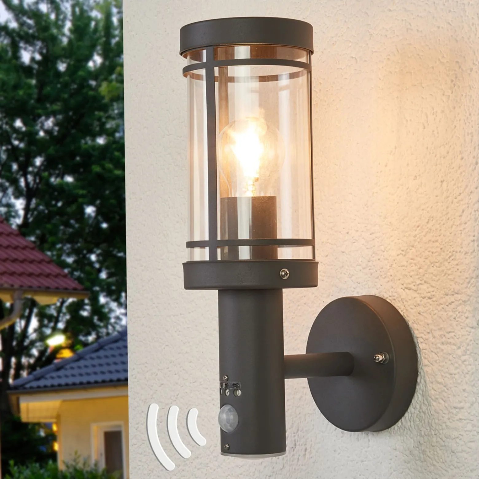 Lindby ulkoseinälamppu Djori, anturi, antrasiitti, ruostumaton teräs